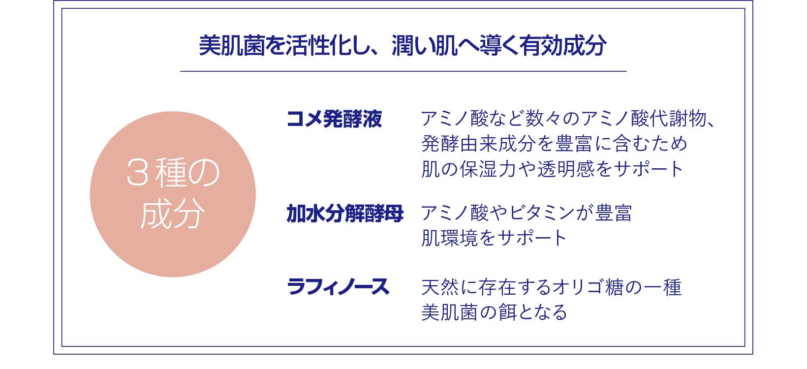 お肌にいる美肌菌の餌となり増殖を促す３種の有効成分
