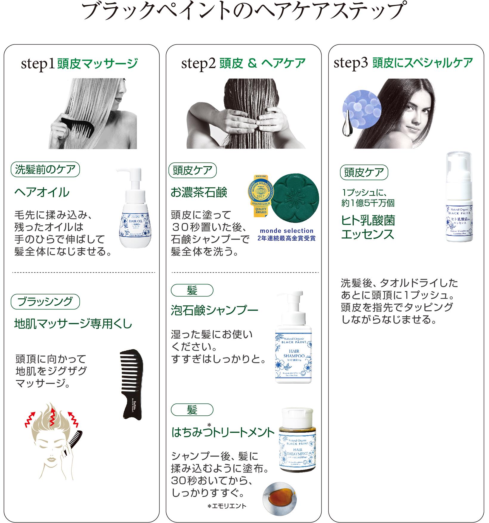 ブラックペイントのヘアケアステップ