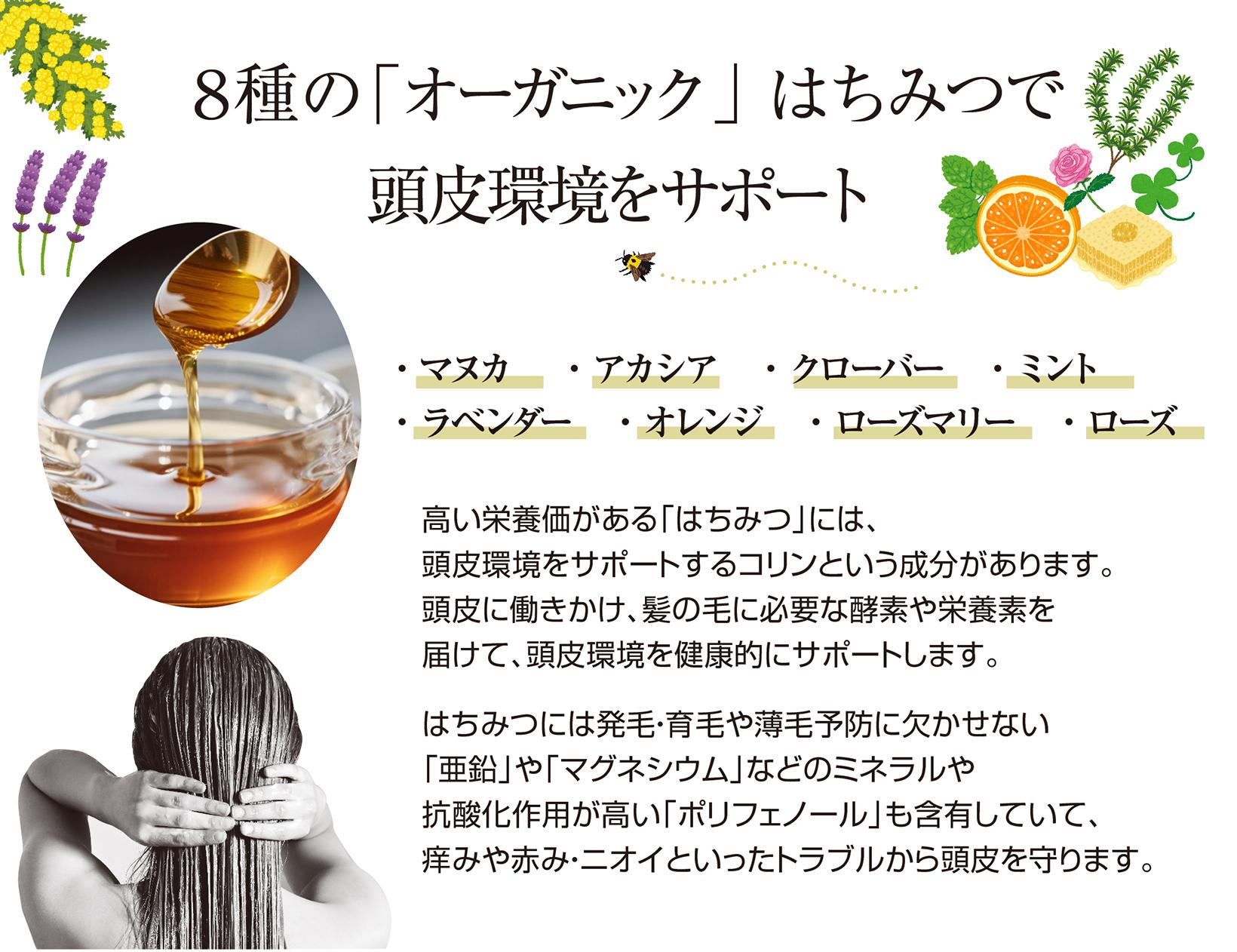 ８種のオーガニックはちみつで頭皮環境をサポート